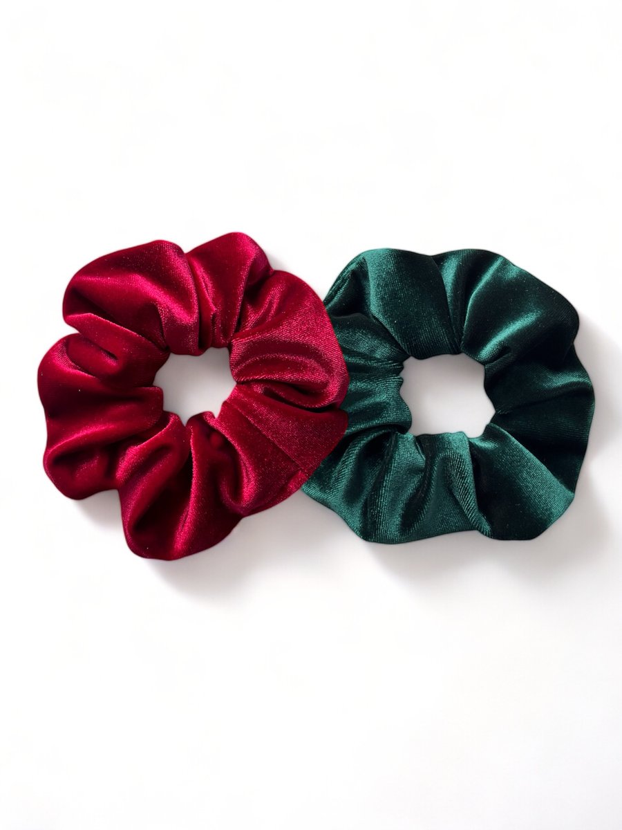 Crimson & Emerald Green Velvet Scrunchies - Large