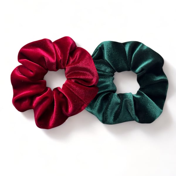 Crimson & Emerald Green Velvet Scrunchies - Large