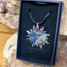 Tarot inspired flame-painted silver fused copper sun pendant design 2
