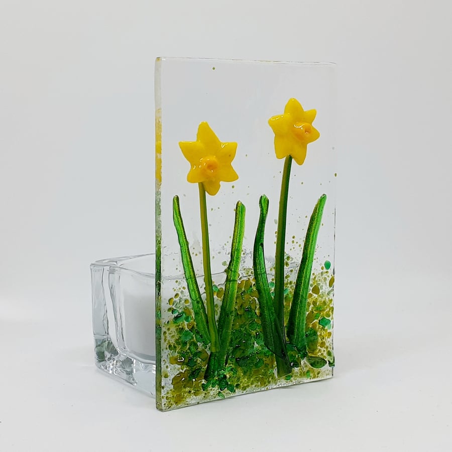 Fused glass tealight candle holder panel, daffodils 