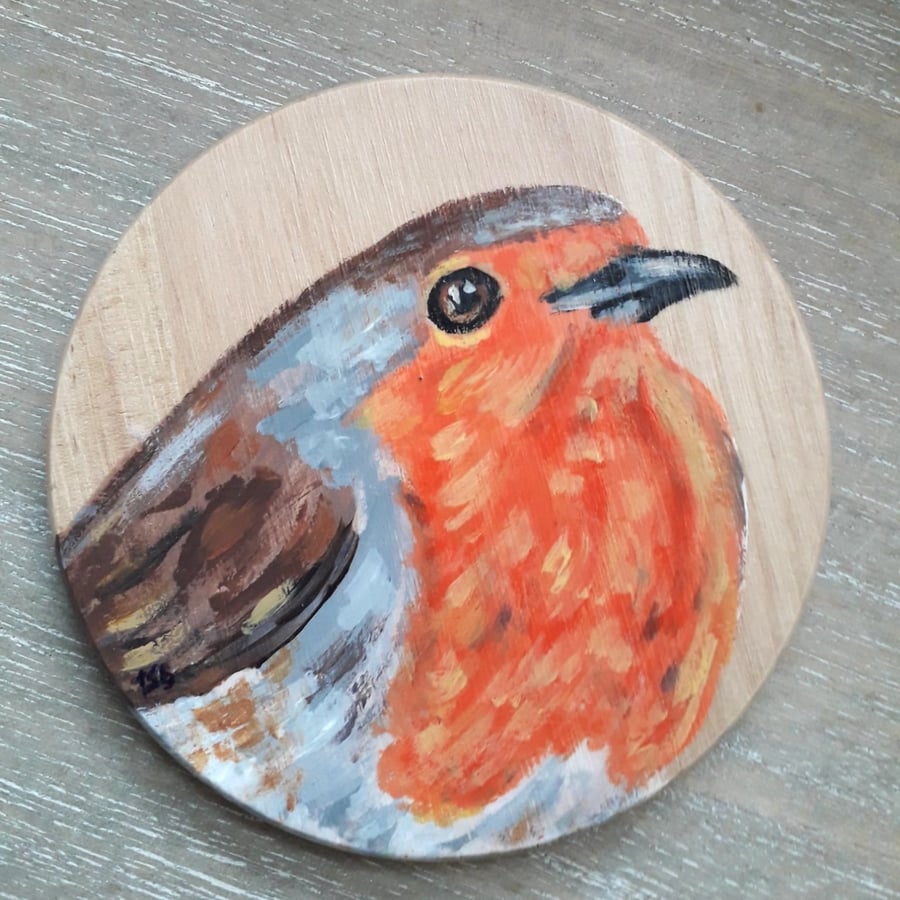 Wooden Coaster handpainted with a Robin 