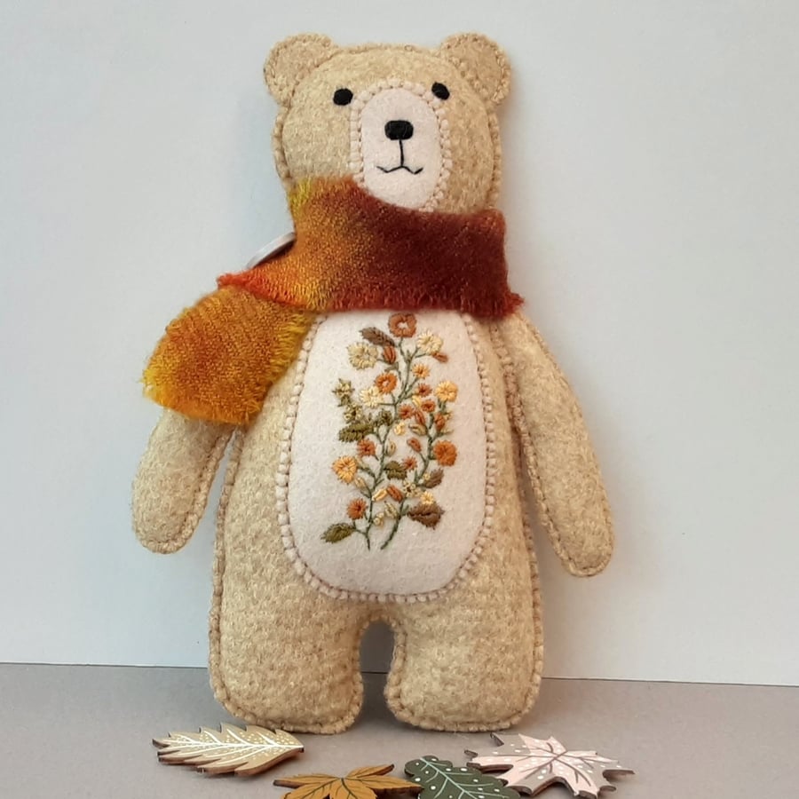 Scandi Woodland teddy bear, hand embroidered one of a kind bear, hanging decorat