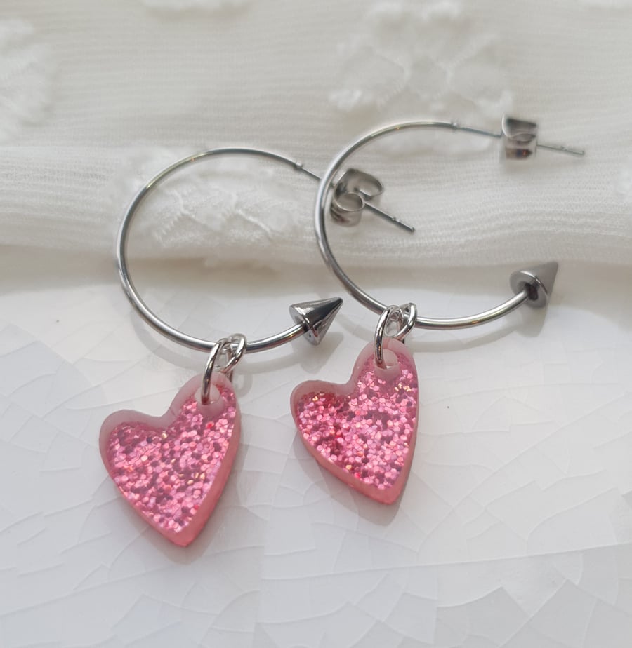 Pink Glitter Encrusted Resin Heart Hoop Earrings - Cupids Arrow (silver hoop)