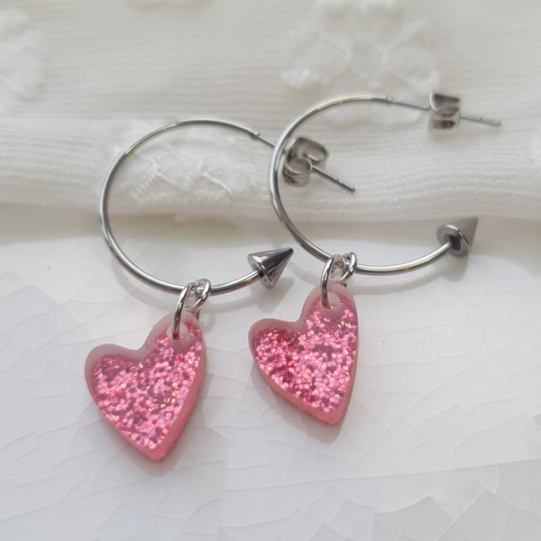 Pink Glitter Encrusted Resin Heart Hoop Earrings - Cupids Arrow (silver hoop)
