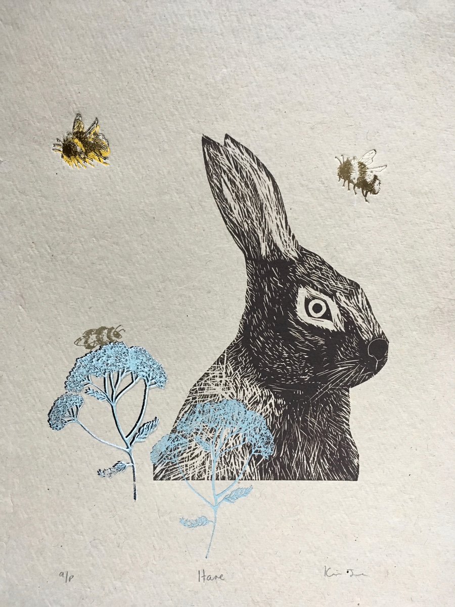 Hare and Bees - Lino Cut Print