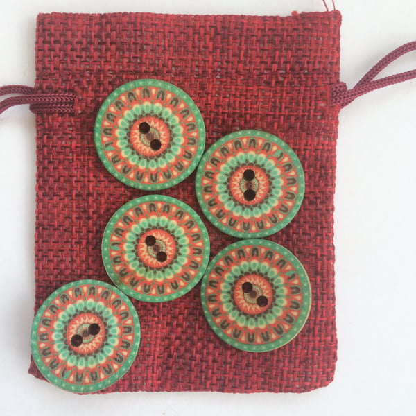 Green Red Mandala style Wood buttons 1" , 25mm across