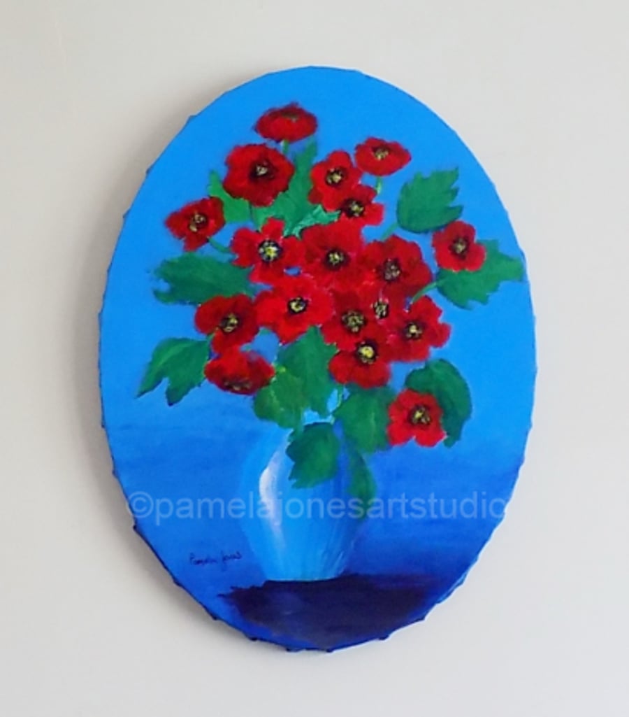 Red Poppies, In  Blue Vase, on Oval Stretched Canvas, 16 x 12 inches