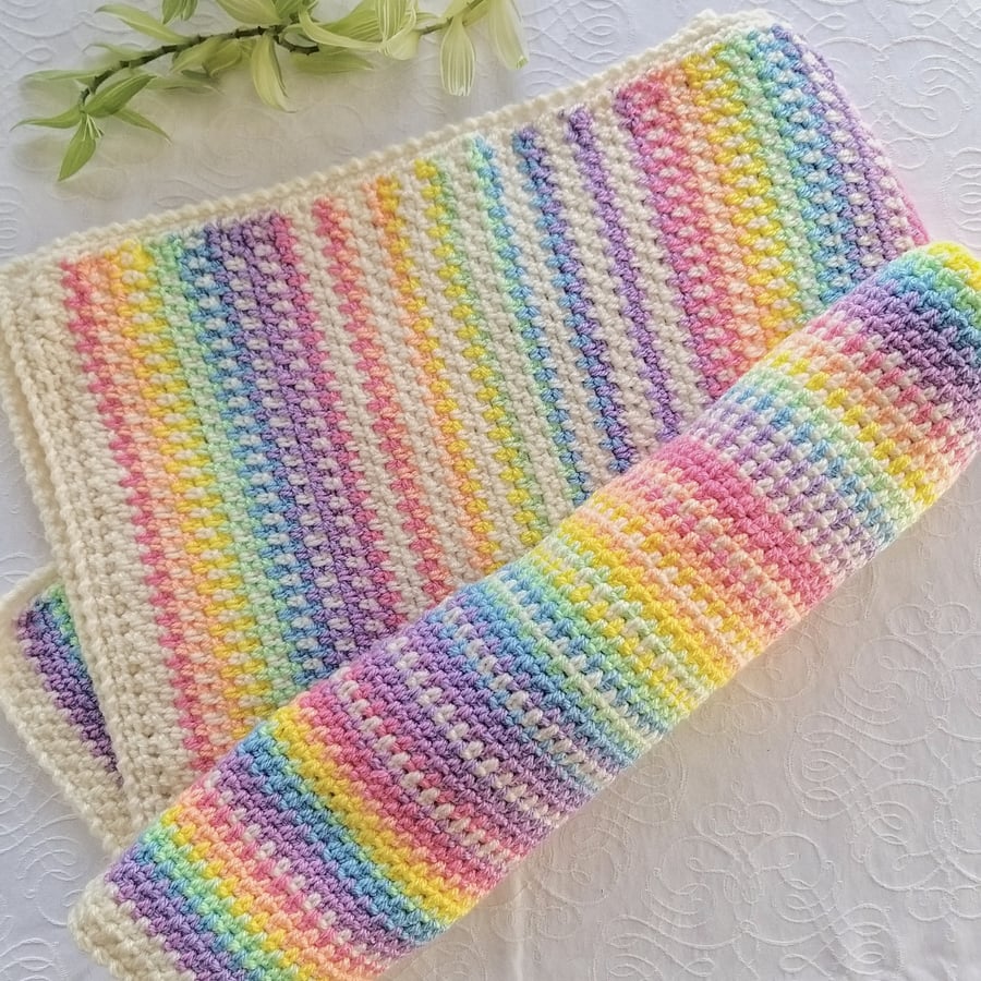 Seconds Sunday Crochet Baby Blanket. Pastel Rainbow Stripe
