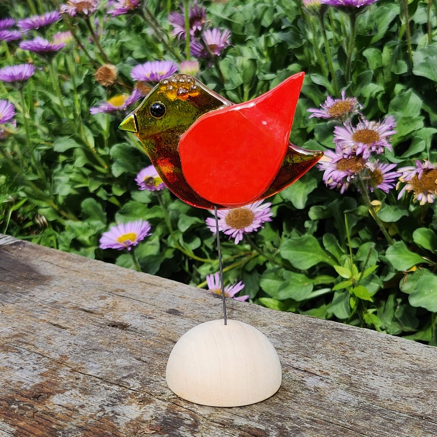 Fused Glass Fantasy Bird Standing on a Wooden Half Sphere