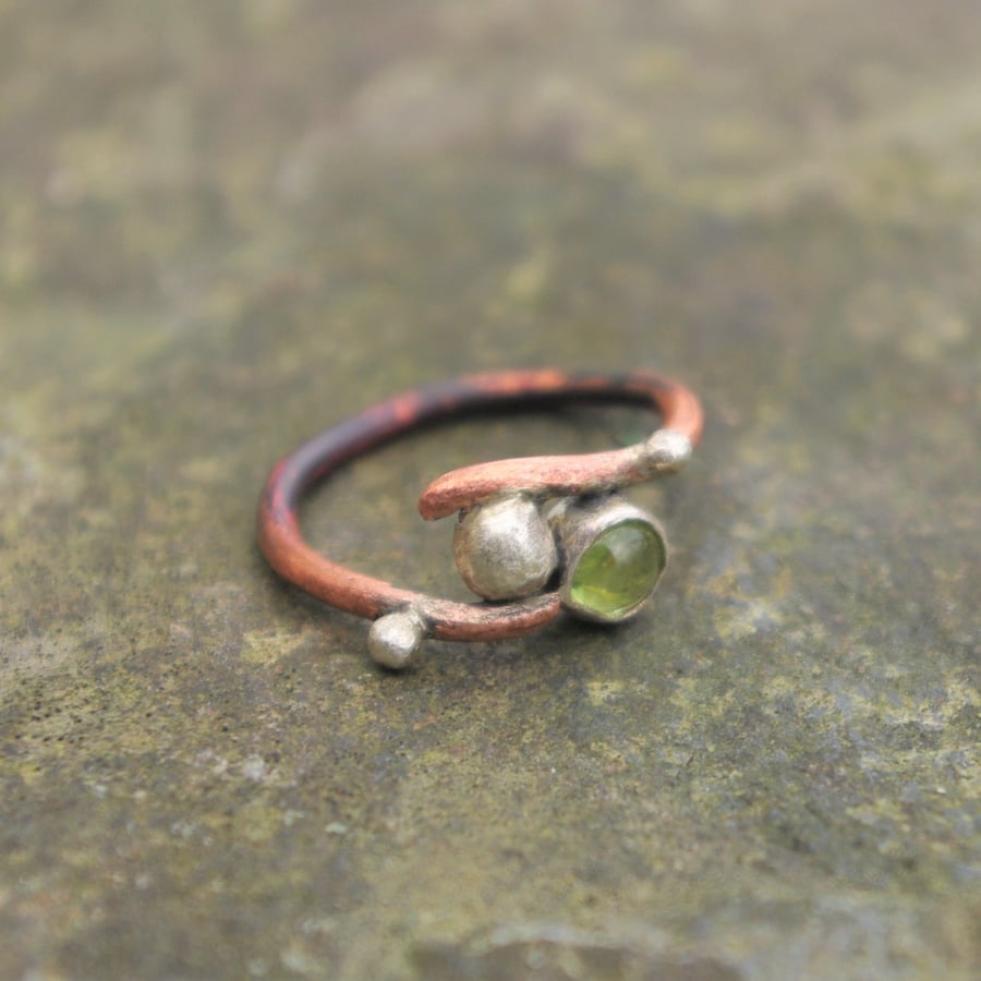 Organic Copper and  Silver Ring with Peridot