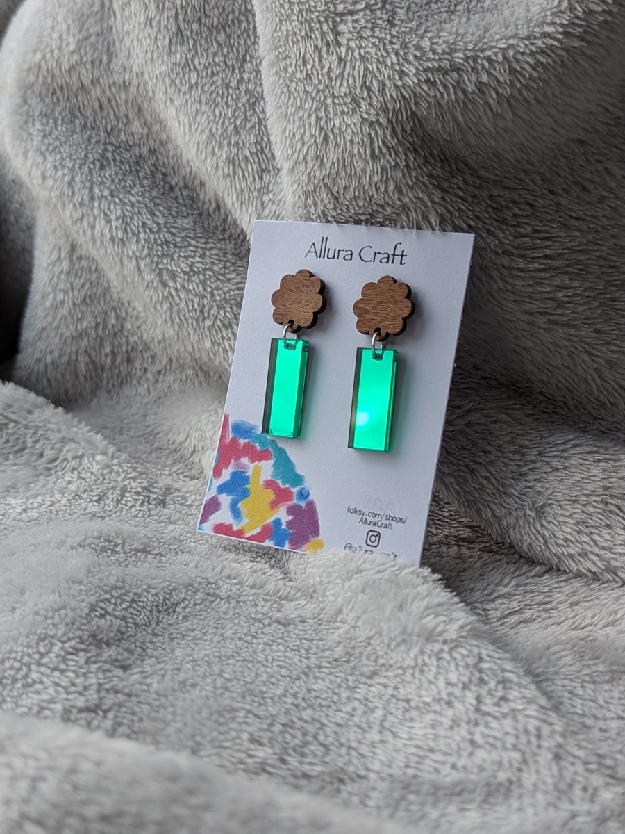 Wood Flower and Green Rectangle Earrings