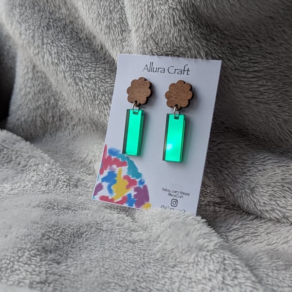 Wood Flower and Green Rectangle Earrings