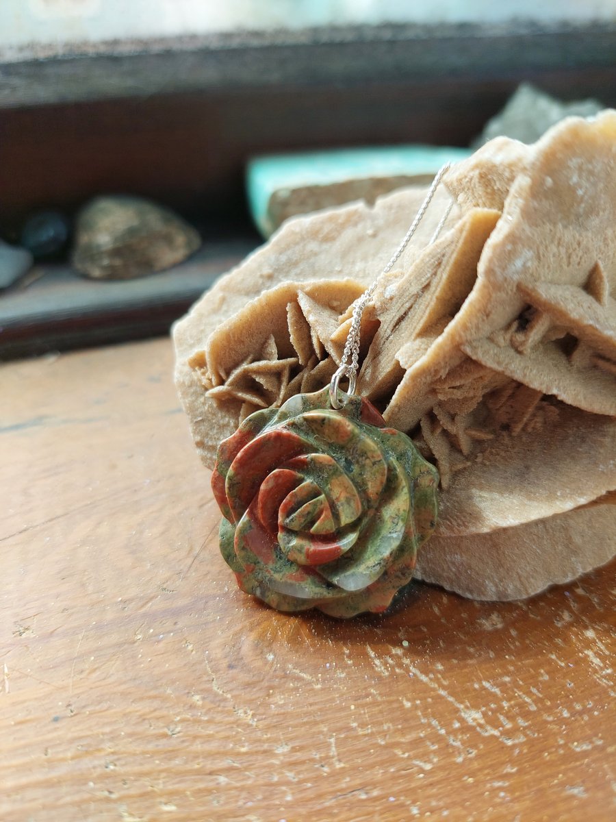 Sterling Silver and Unakite Carved Rose  Necklace