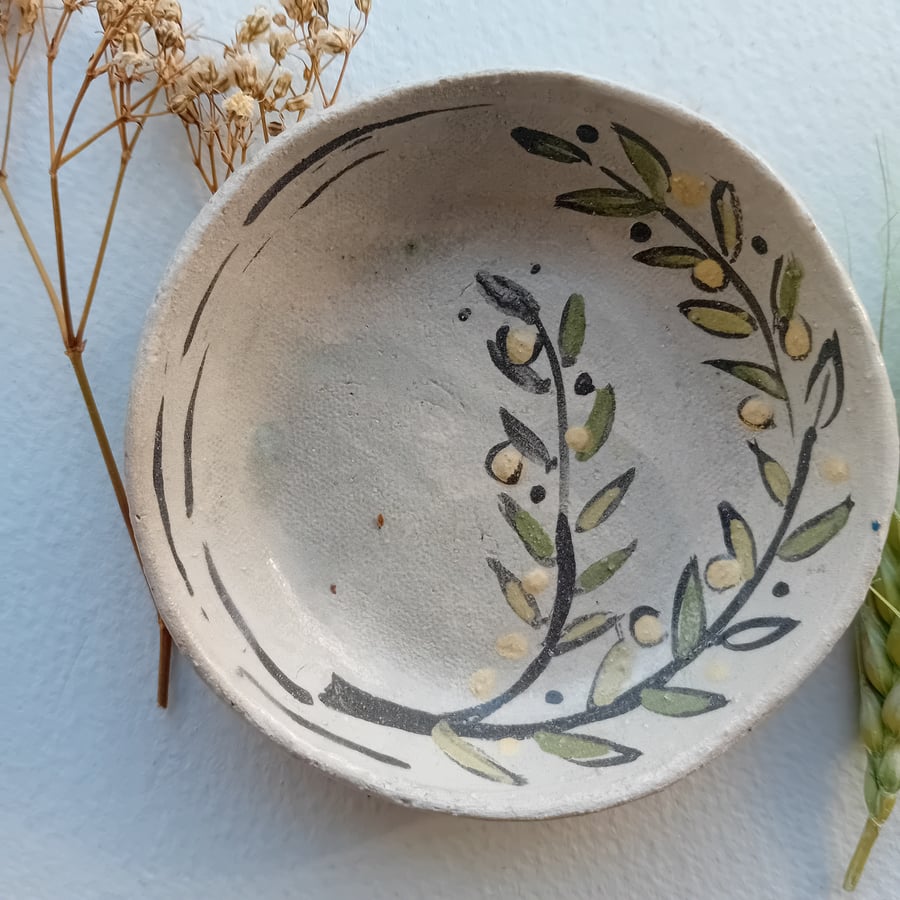 Ceramic trinket dish handpainted rustic earthenware pottery- blossom