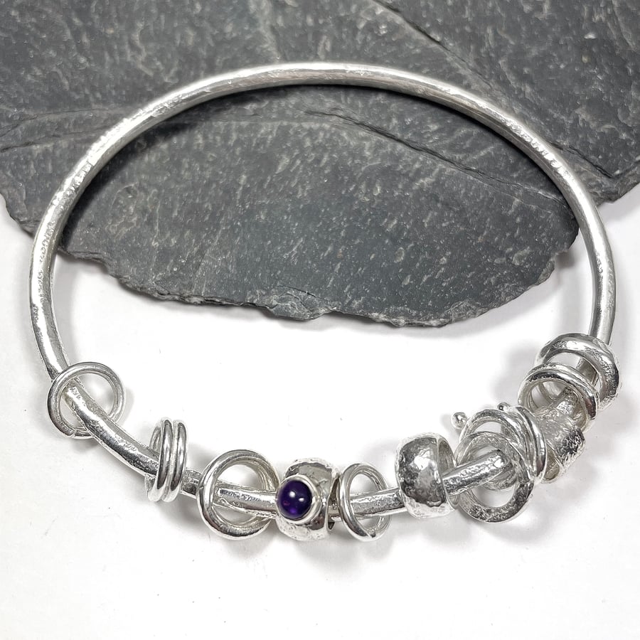 Silver and amethyst charm bangle  No Worries Bangle