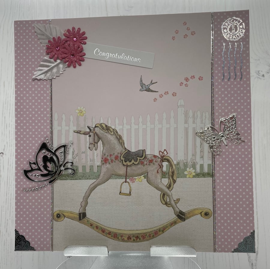 New Baby Girl Rocking Horse Card