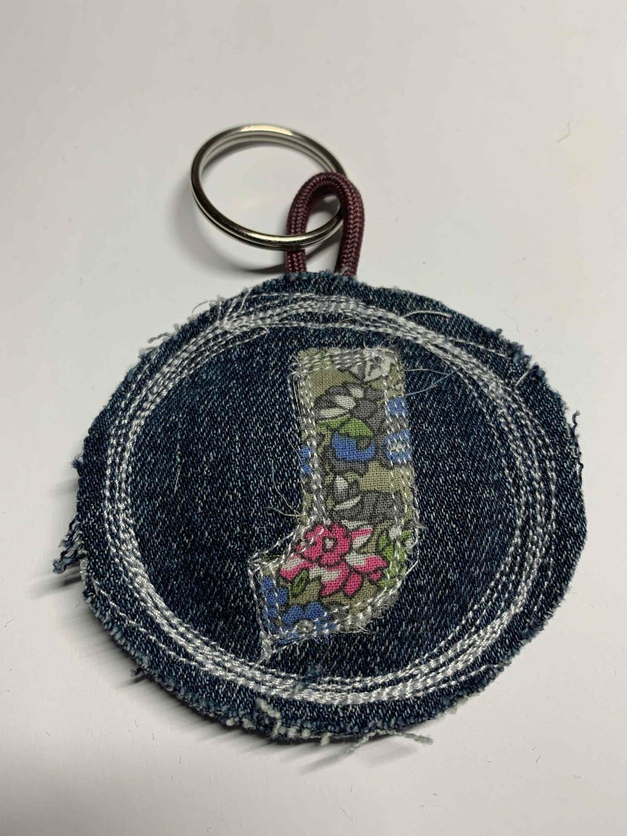 Upcycled denim key ring. Boho J