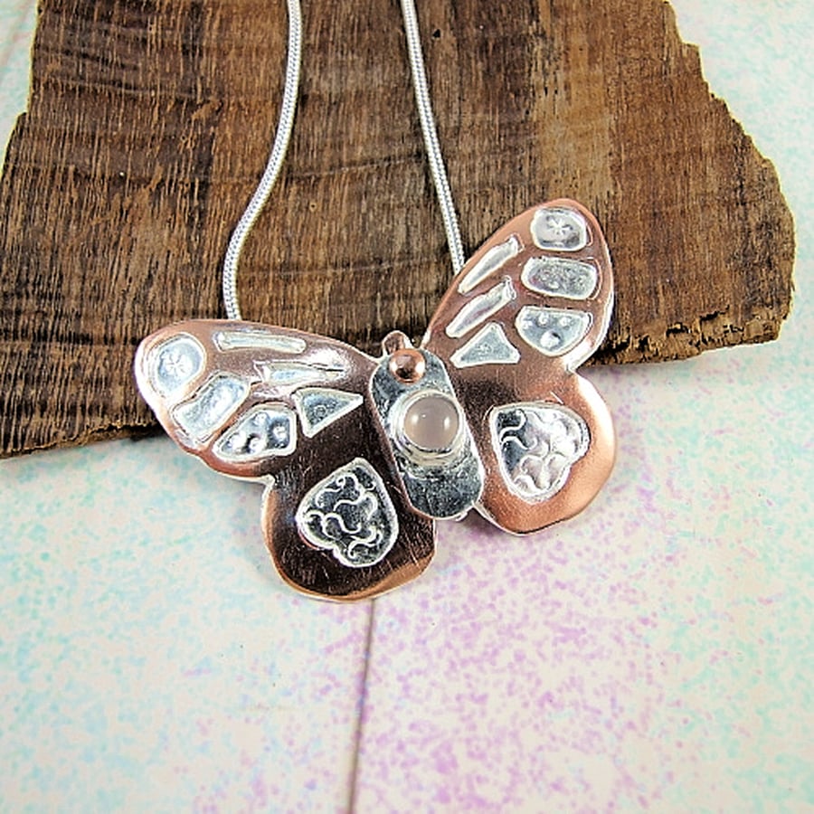 Butterfly Pendant, Copper and Sterling Silver, Artisan Design with Chalcedony