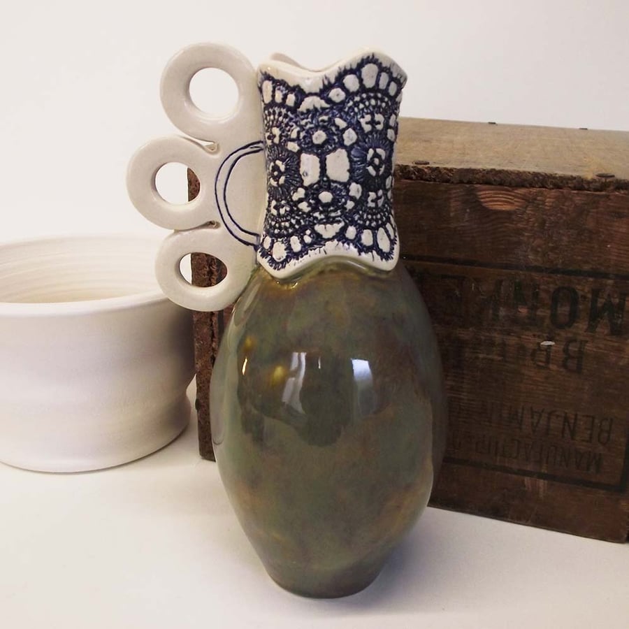 Sale Small pottery jug lace decoration. Ceramic kitchenware, Vase