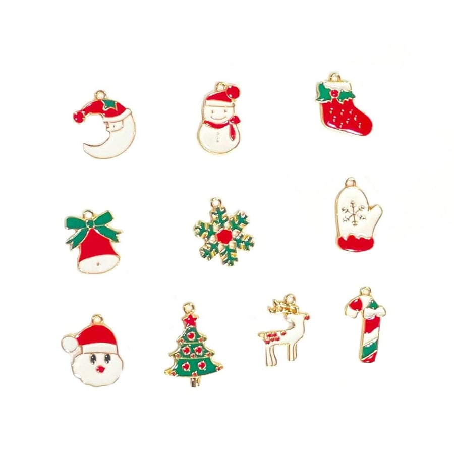 Christmas Charms Set 10pcs Enamel Pendants for Jewelry Making, Crafting 