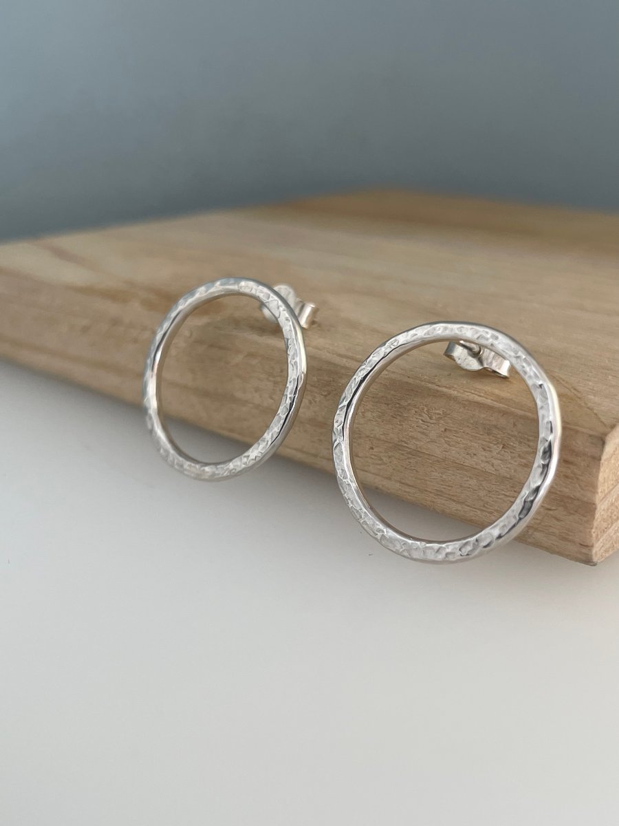 Sterling Silver Circle Ear Stud Earrings 22mm (2.2cm) Hammered-Sparkly Handmade