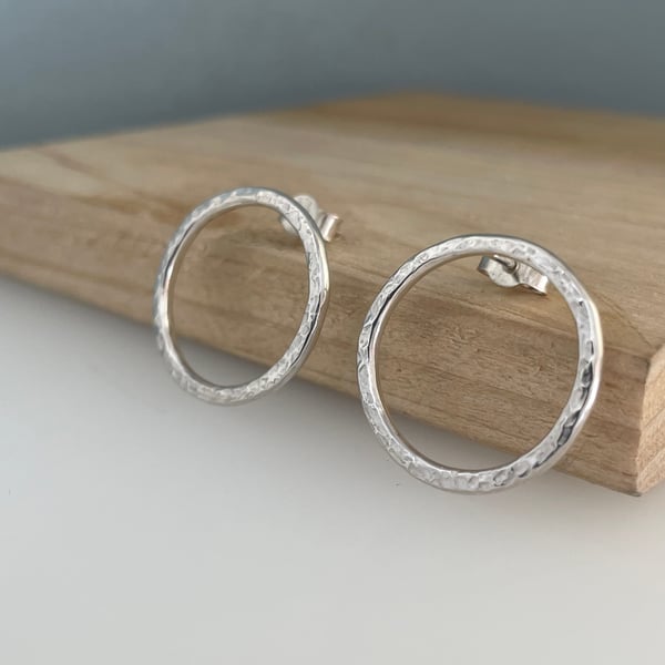 Sterling Silver Circle Ear Stud Earrings 22mm (2.2cm) Hammered-Sparkly Handmade