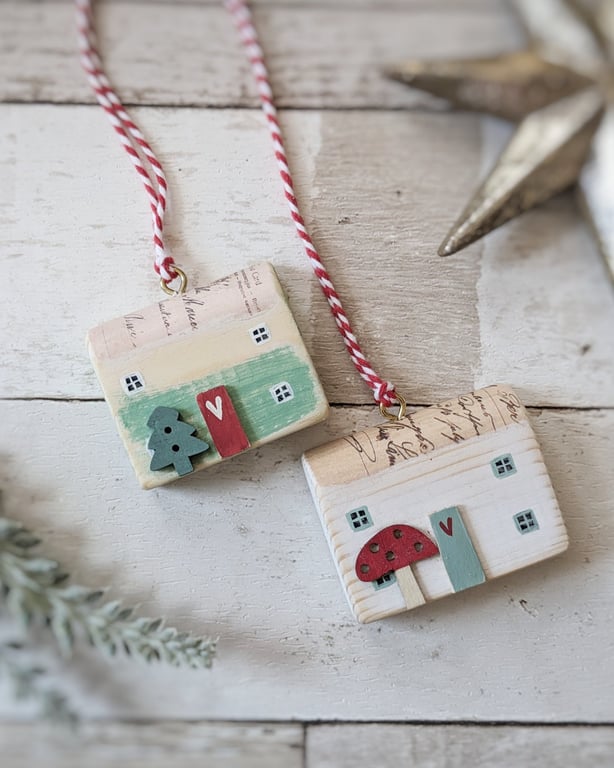 Set of 2 Wooden Festive House Hanging Decorations