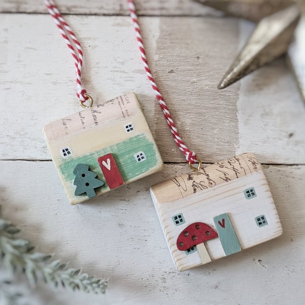 Set of 2 Wooden Festive House Hanging Decorations