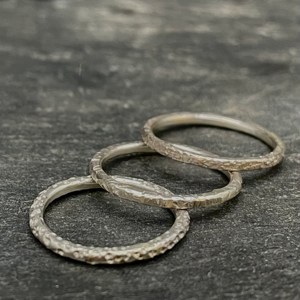 Set of 3, Handmade, Recycled Sterling Silver, Thin Hammered Stacking Rings 