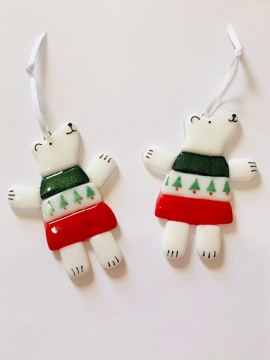 1 hand painted fused glass unique polar bear Christmas tree decoration 