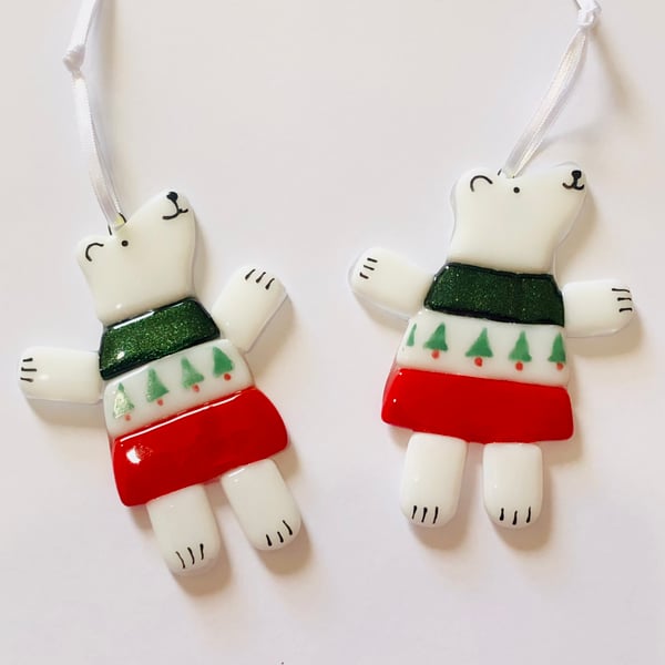 1 hand painted fused glass unique polar bear Christmas tree decoration 