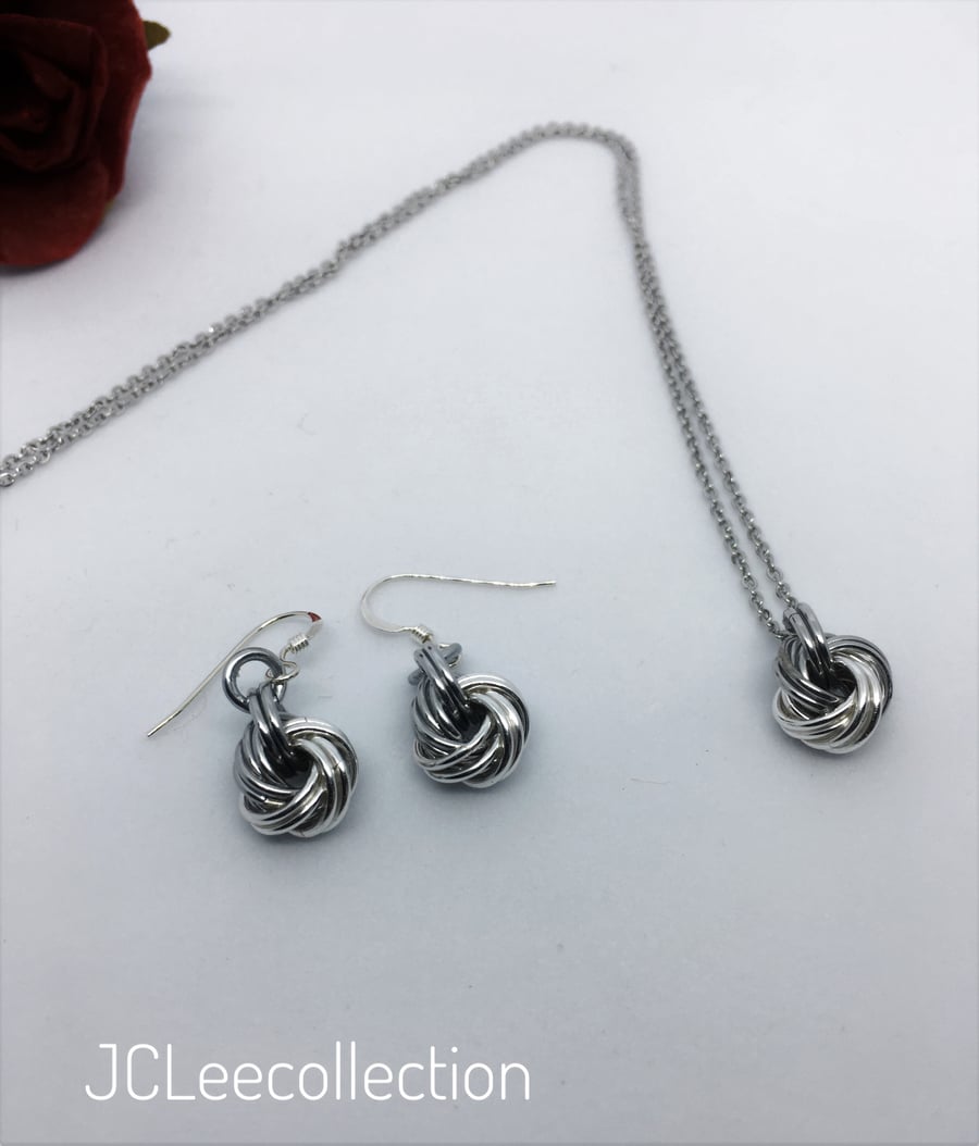 Aluminium and Silver infinity Knot Necklace and Earrings Gift Set