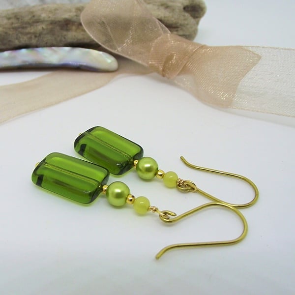 Earrings vintage green glass pearl yellow jade brass drop dangle handmade