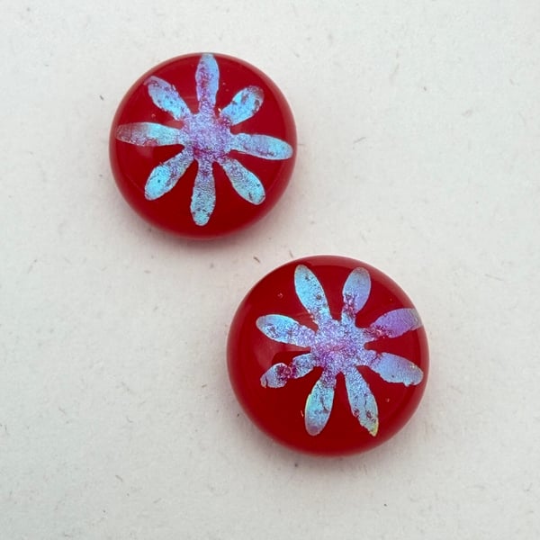 Red Fused Glass Flower Stud Earrings