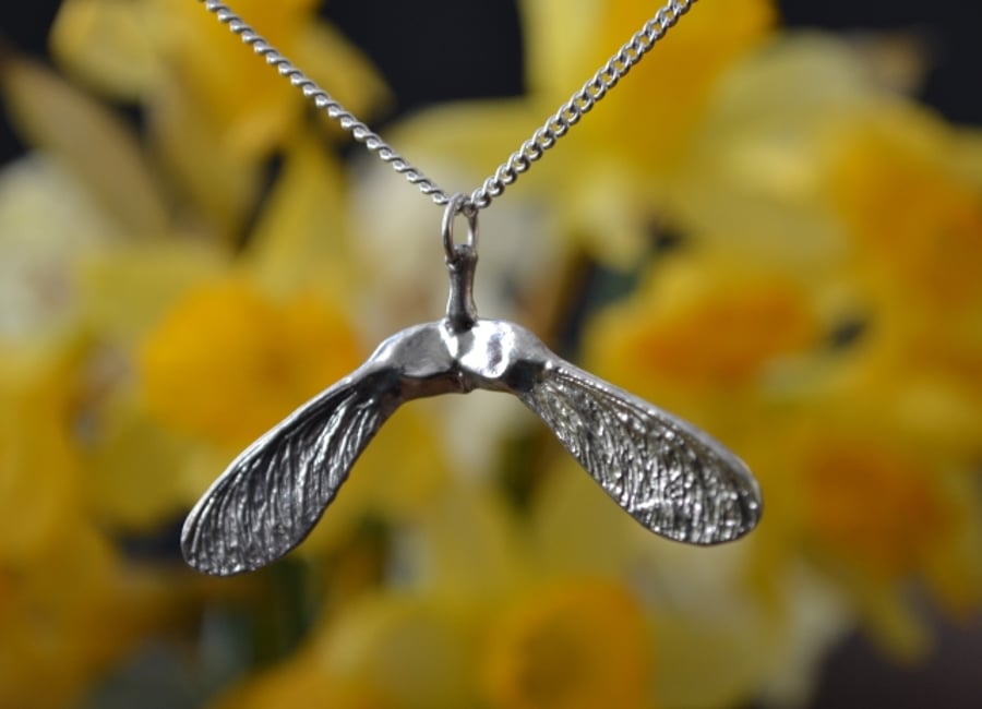 Sycamore double seed pod pendant necklace with sterling silver chain