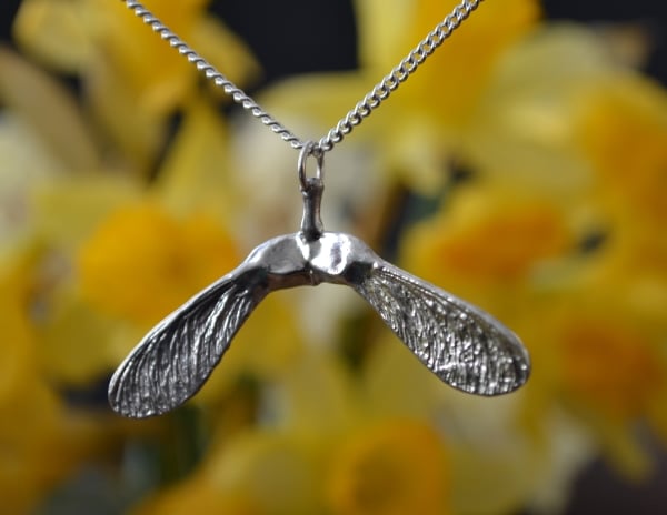 Sycamore double seed pod pendant necklace with sterling silver chain