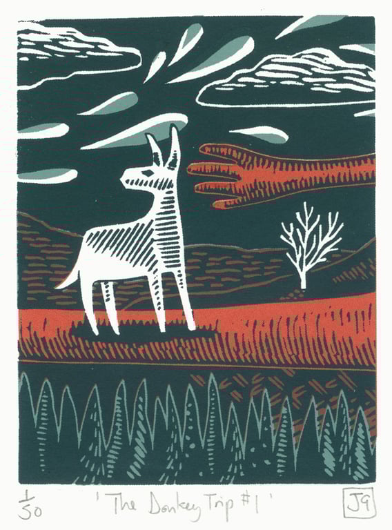 The Donkey Trip No.1 A5 three-colour linocut screen-print