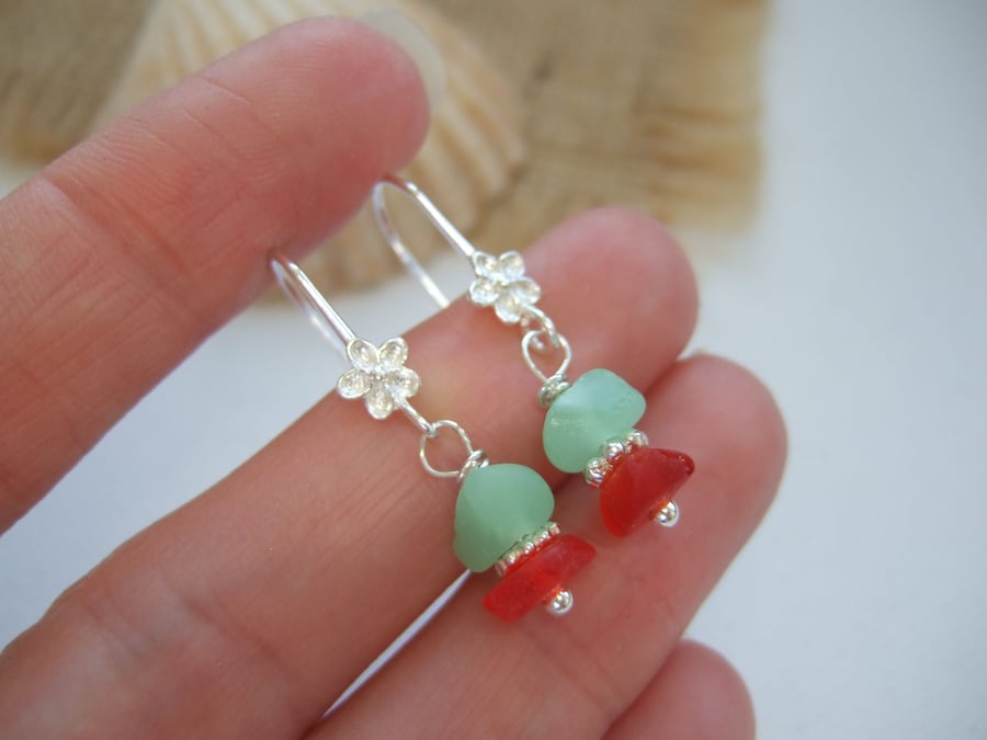 UV and red sea glass earrings, flower design sterling silver Seaham