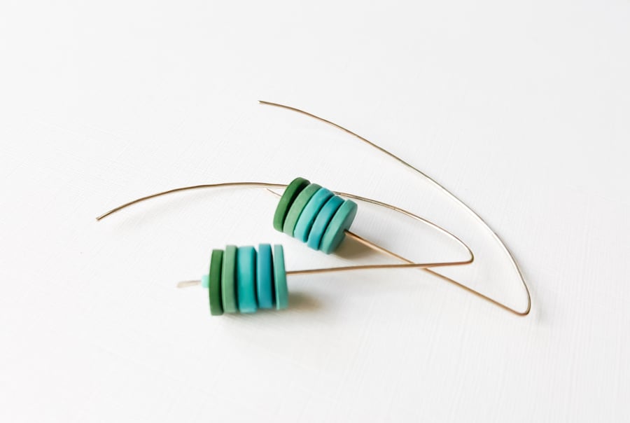 Blue and Green Long Wire Earrings, Contemporary Jewellery