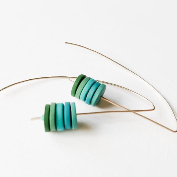 Blue and Green Long Wire Earrings, Contemporary Jewellery