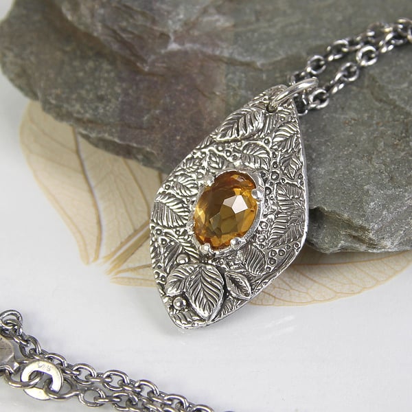 Silver Leaf Nature Pendant with Citrine - Perfectly Imperfect