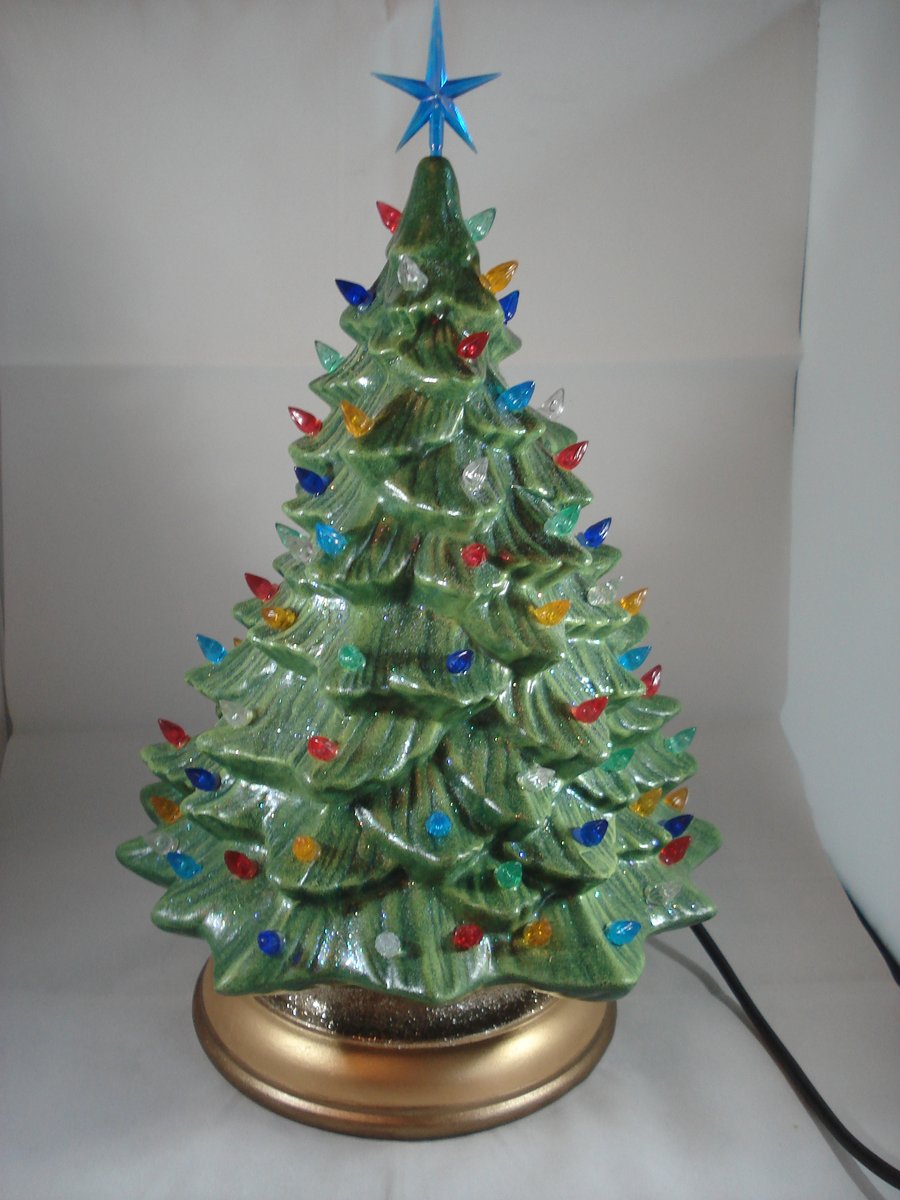 Ceramic Green Glittery Xmas Christmas Tree Light Table Lamp Ornament Decoration.