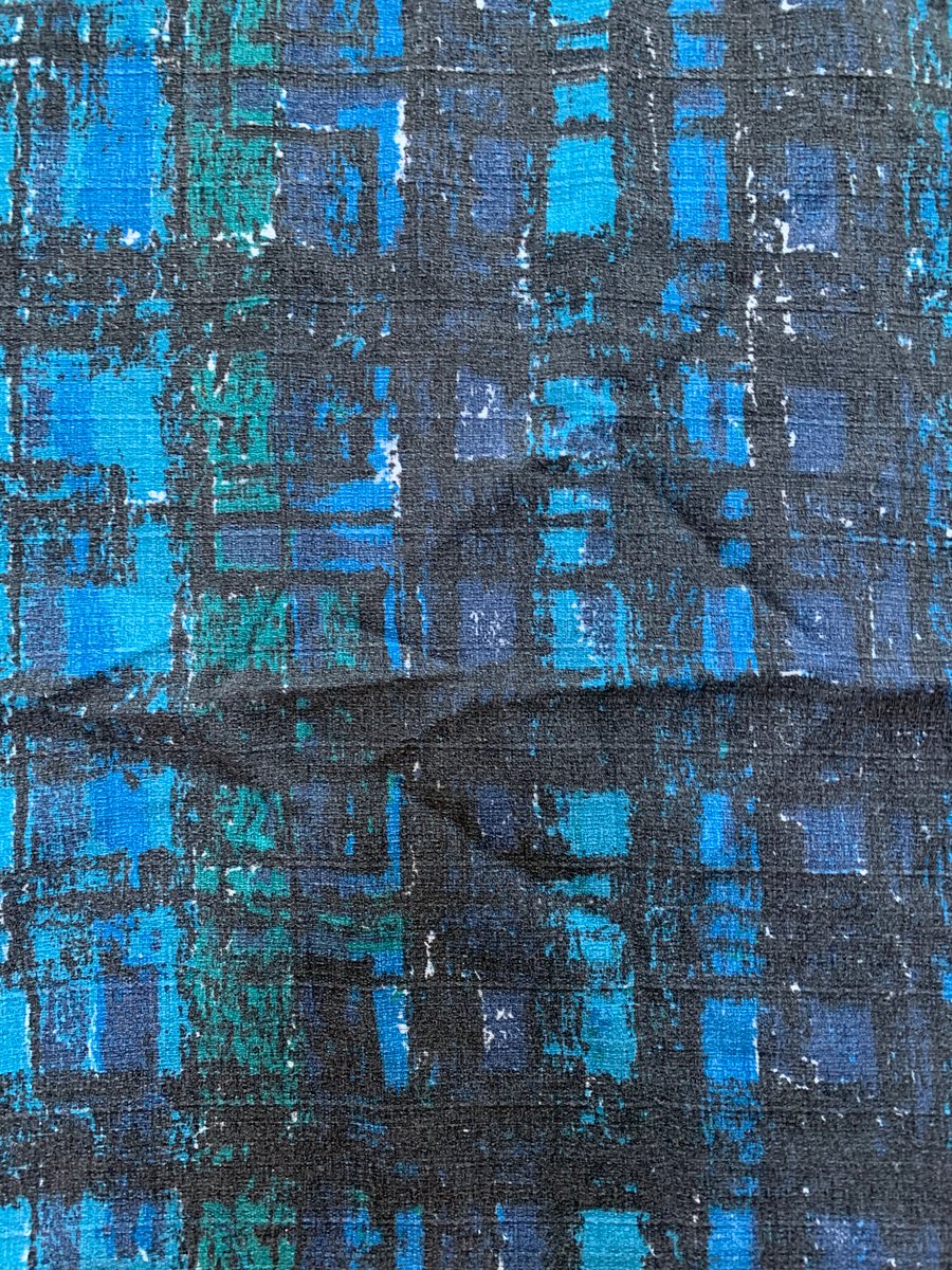 Black and Blue Mid Century 50s 60s Barkcloth Vintage Fabric for sale