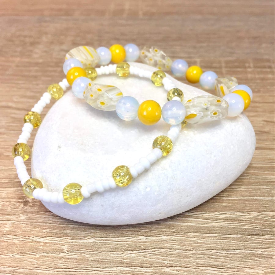 Yellow and White Millefiori Glass Beaded Bracelet Set of 2