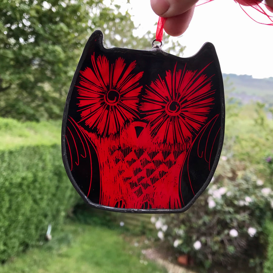 Owl stained glass suncatcher, red, wildlife art