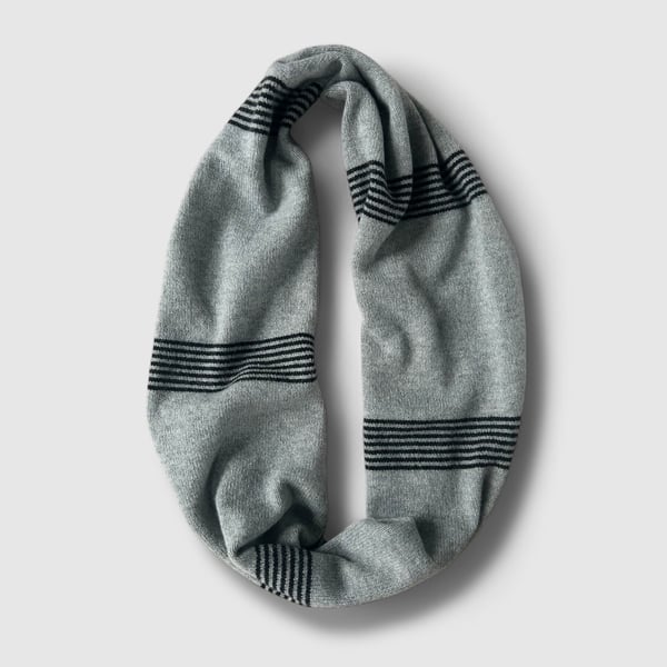 Soft Grey Infinity Scarf with Black ticking stripe