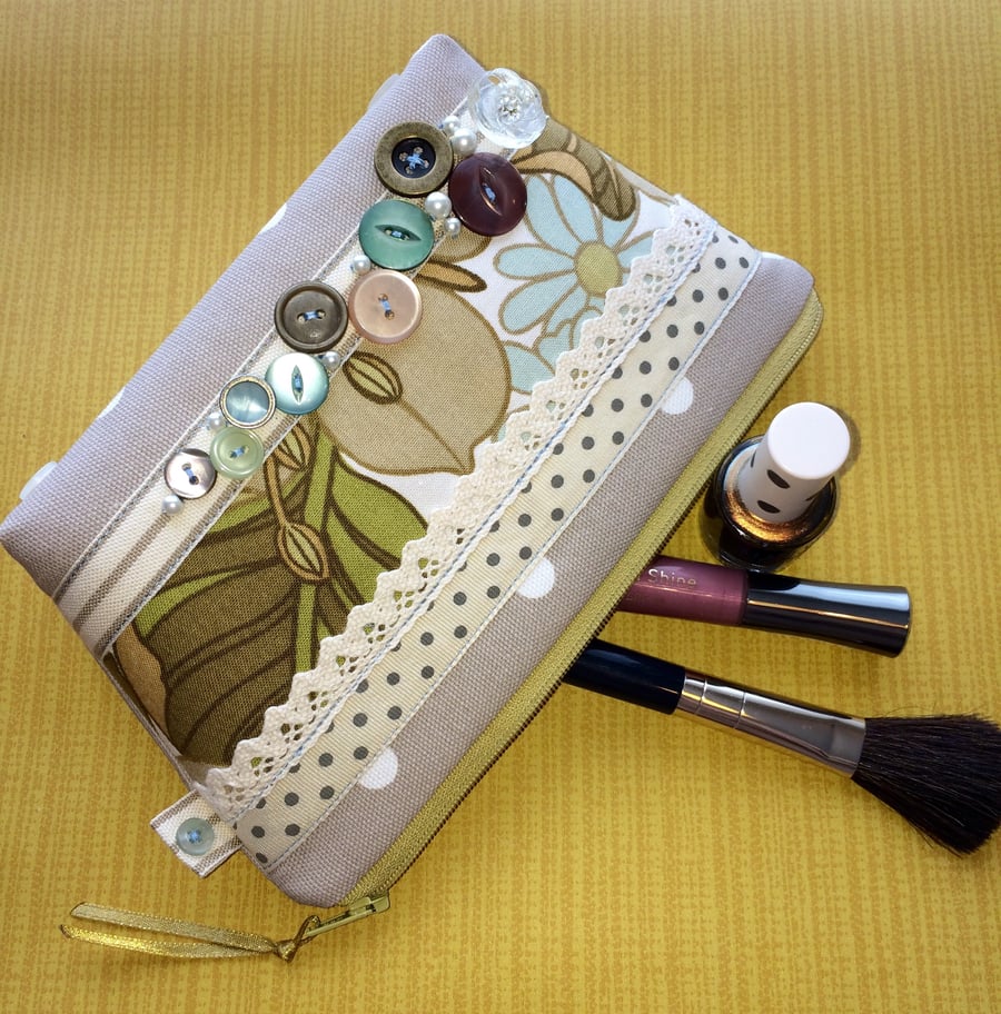 SALE Make Up Bag, Cosmetics Bag, Toiletry Bag with Vintage Buttons