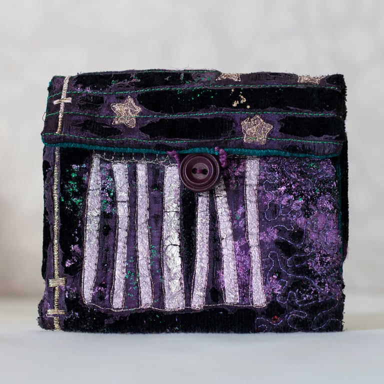  Velvet Black and Purple Embroidered Purse Pouch 