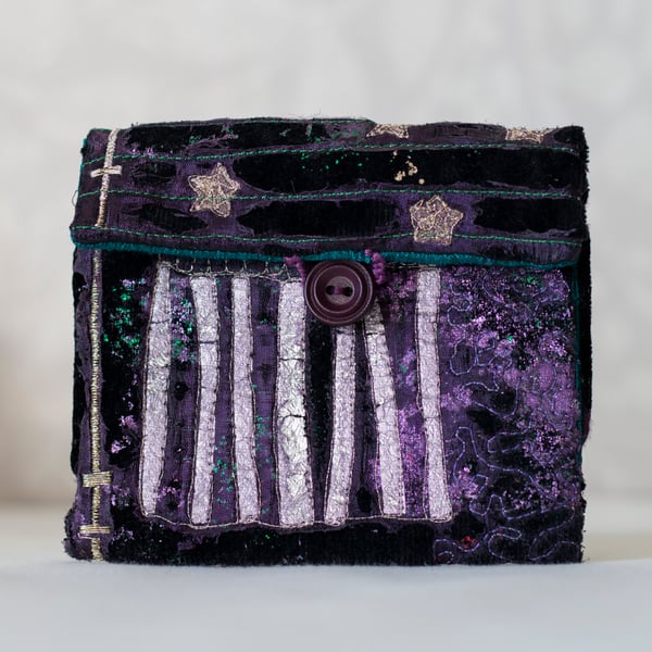  Velvet Black and  Purple Lined  Embroidered Purse Pouch 