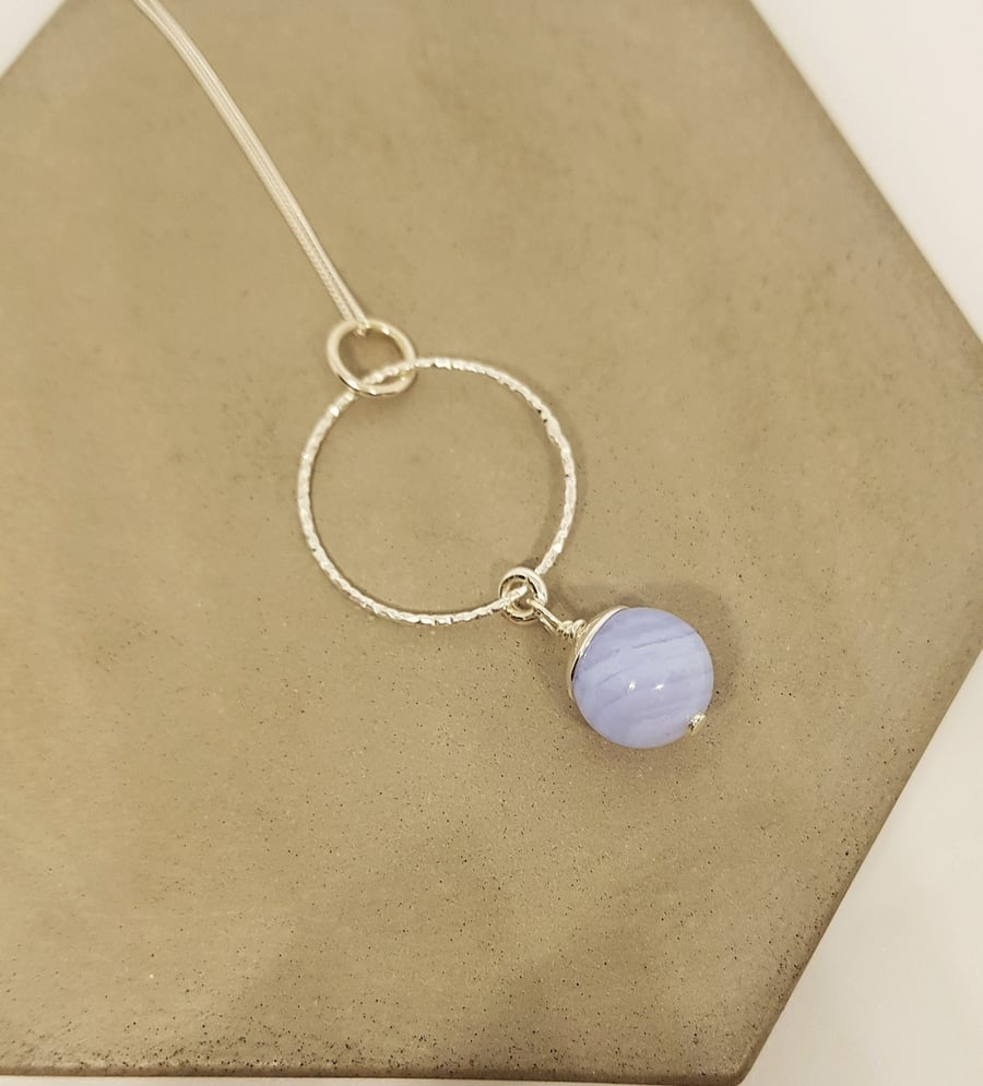 Blue Lace Agate Sterling Silver Statement Pendant Necklace